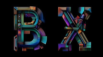 Neon style abstract letters b and x with vibrant colors and futuristic design on black background, modern typography element