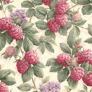 Colorful illustration of raspberries and flowers intertwined with green leaves, showcasing a detailed pattern perfect for fabric or wallpaper design