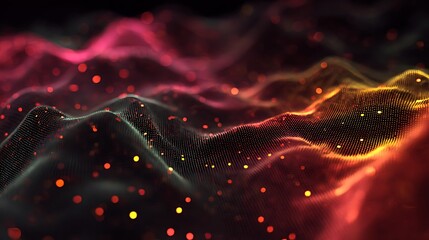 Vibrant abstract digital landscape with glowing red and orange particles on a dark background, futuristic technology concept with bokeh effect