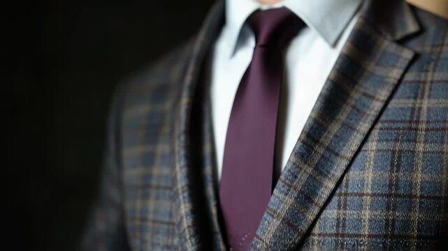 Close-up of a person buttoning a plaid blazer.