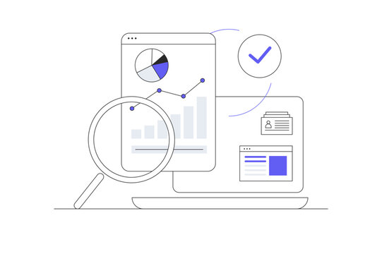 Performance data analysis, investment reports, marketing studies, audition services, Statistical and analytical concepts, business performance reports, marketing research services. Flat Cartoon Vector