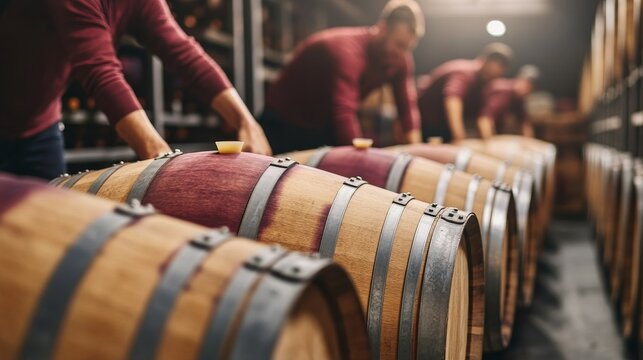 Wine Cellar Men Working on Aging Barrels, Winery , Winemaking