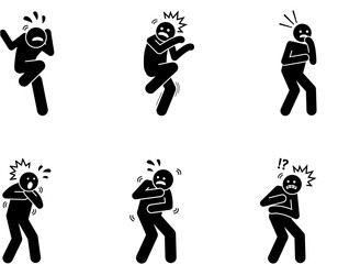 Six black stick figures illustrating various reactions to fear, shock, and panic, including screaming, recoiling, and trembling.