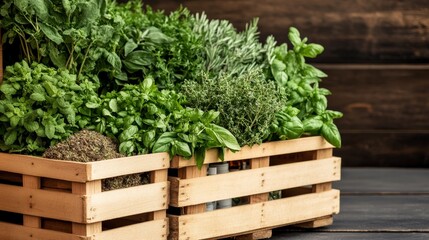 Wooden Crate Overflowing with Fresh Herbs Basil, Mint, Rosemary and Thyme, Cooking , Gardening