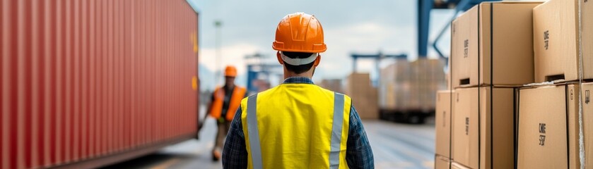 Worker at Container Terminal with Boxes and Container, Logistics ,Shipping