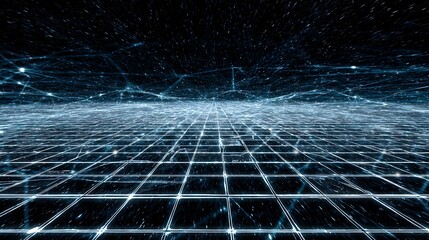 Futuristic digital grid background with glowing blue lines and particles in a dark space