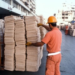 Worker handling Newsprint Stacks, Industry, Print Media