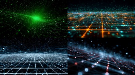 Cybernetic digital background with glowing grid lines and neon lights in a futuristic technological landscape with abstract network connections