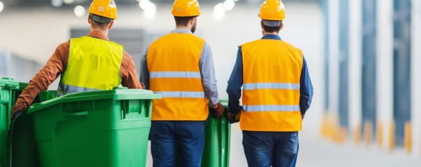Workers Handling Green Recycling Bins at Facility, Waste Management ,Recycling plant