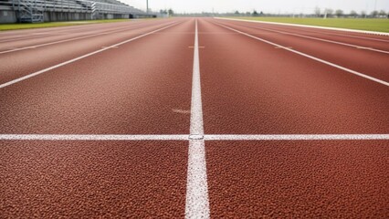 Empty Red Athletic Track with White Lines and Stadium Seating in Background