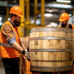 Workers Handling Wooden Barrel in Factory - Industry , Production