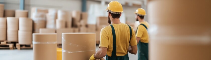 Workers in Hard Hats Overseeing Paper Roll Storage in a Factory, Warehouse , Manufacturing