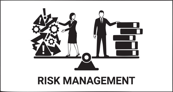 Business people on scales balancing risk and reward with gears and arrows balance