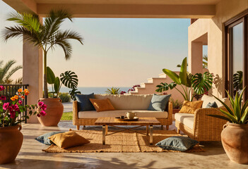 Fototapeta premium Outdoor patio furniture arrangement with wicker sofa and armchair, cushions, coffee table, potted plants, and ocean view at sunset.