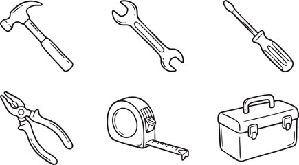 Collection of six hand drawn black and white tools including hammer wrench screwdriver pliers tape measure and toolbox