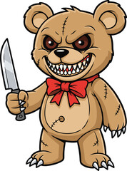 Aggressive teddy bear, horror cartoon character, scary plush toy, knife-wielding bear, stitched monster, creepy vector mascot, flat vector illustration