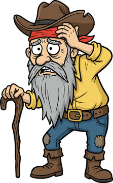 Cartoon prospector character with cane and cowboy hat, worried expression, flat vector illustration