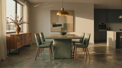 Fototapeta premium Modern dining room with concrete table, green chairs, wooden sideboard, and gold pendant light in a minimalist interior.