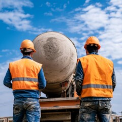 Workers with Mixer Truck, Construction , Building
