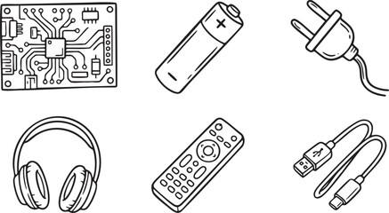 Hand drawn electronic components circuit board battery headphones plug remote and U S B cable vector