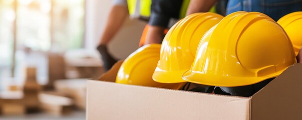 Yellow hardhats in a box. Workers safety equipment at construction site, safety , building