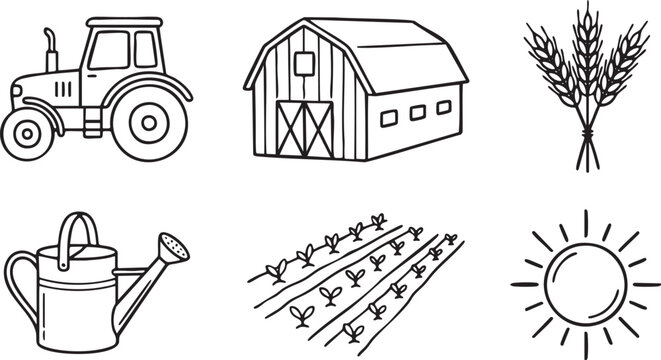 Hand drawn farm elements tractor barn wheat watering can plants sun vector