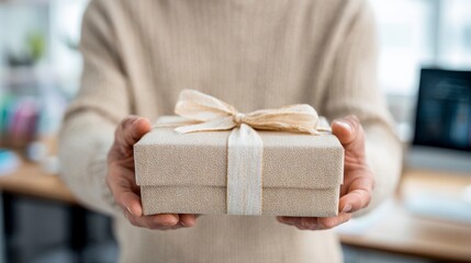 A person, blurred background, offers a present. Box covered with paper & tied with ribbon. Soft lighting in a workplace setting