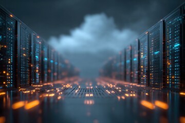 Virtual network of connected servers illuminated by blue and orange lights under dramatic clouded sky backdrop