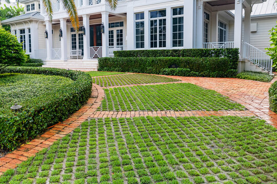 Modern eco-friendly driveway or walkway using grass pavers, surrounded by neatly trimmed green hedges and lush lawn near a house entrance.