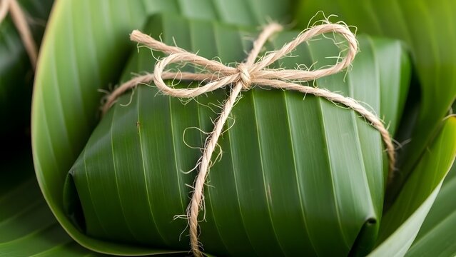 wrapped food in banana leaves with twine