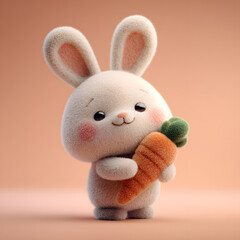 Obraz premium Adorable baby bunny holding a small carrot, pastel white and peach tones, 3D nursery illustration.