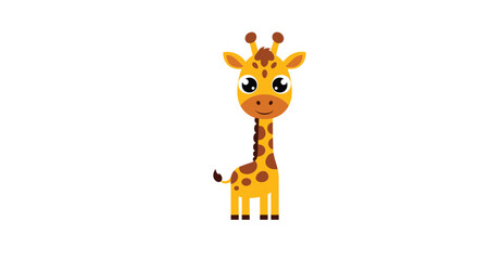 Obraz premium Cute baby giraffe character with big expressive eyes and a long neck stands on a plain white background for nursery art.