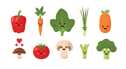 Collection of cute vegetable characters with smiley faces including a bell pepper, carrot, and broccoli for healthy eating ads.