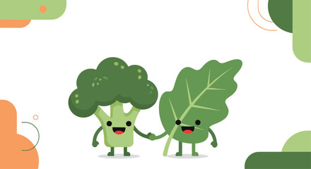 Fototapeta premium Cute broccoli and green leaf characters hold hands as friends to promote healthy eating and friendship in childhood education.