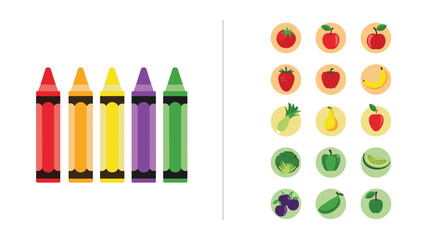 Set of colorful crayons next to various fruit and vegetable icons in circles to inspire children to draw and color healthy food.