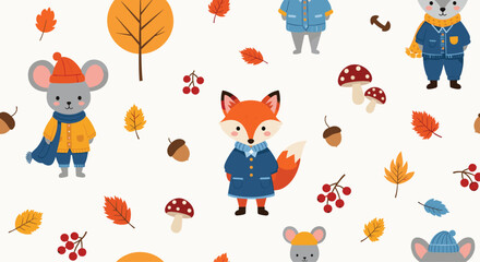 Seamless autumn pattern featuring cute forest animals like foxes and mice wearing cozy scarves and hats.