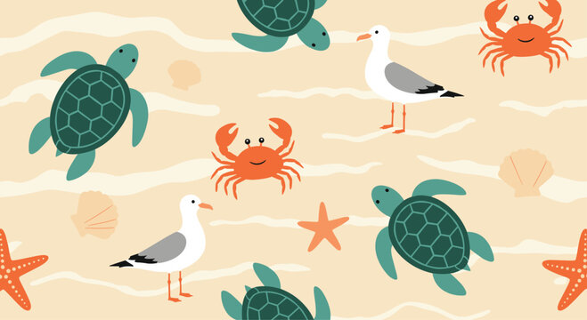 Seamless beach themed pattern featuring sea turtles crabs seagulls and starfish on a sandy shore background.