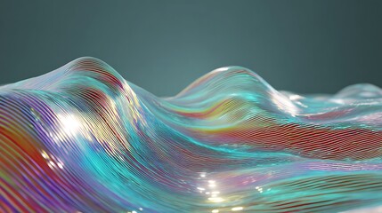 Digital holographic wave pattern with iridescent colors and shiny surface texture on a dark background