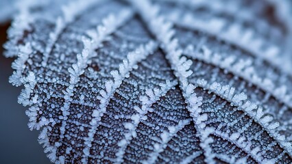 Frosted leaf with intricate ice crystals and veins