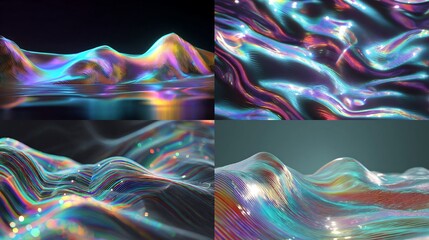 Digital holographic wave patterns in iridescent colors on dark backgrounds, abstract shiny 3d illustrations