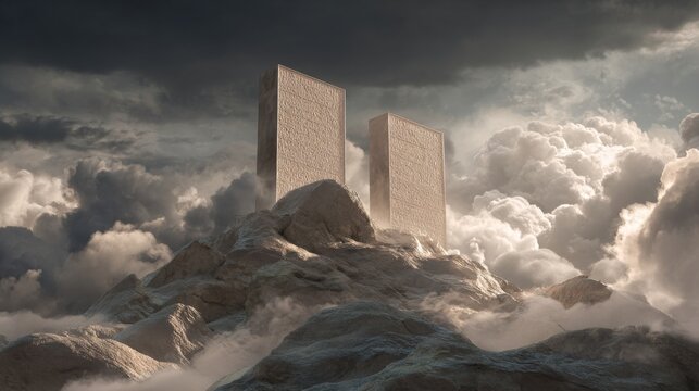 Biblical Illustration of the Ten Commandments on Mountain Peak with Dramatic Clouds and Sacred Light
