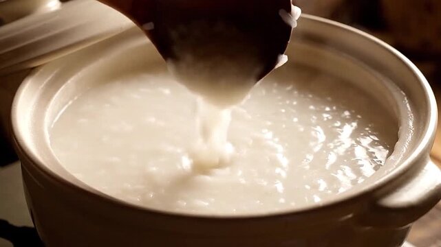 Silky rice congee being gently stirred in large ceramic cooking pot