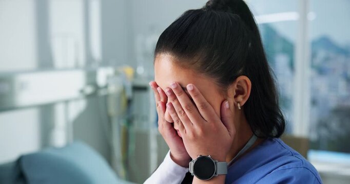 Stress, nurse and woman with headache, hospital and anxious with burnout, overthinking and exhausted. Clinic, medical professional and person with migraine, mental health and reflection with fatigue