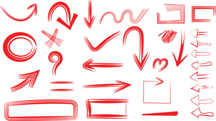 Collection of hand drawn red marker arrows circles checkmarks question marks and boxes for design.