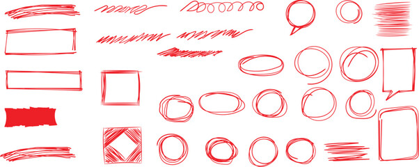 Collection of hand drawn red marker scribbles underlines circles and rectangular frames for highlighting text elements.