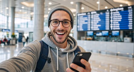Smiling man taking a selfie with a smartphone in an airport terminal. Happy young tourist with a backpack ready for his flight