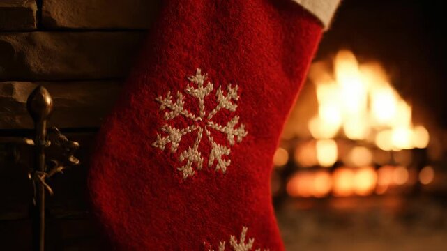 Festive red Christmas stocking by a cozy fireplace
