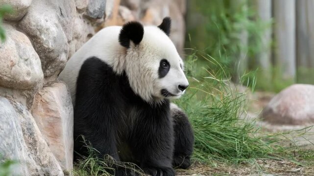 Young giant panda sitting by rocks and grass, with black ears and eye patches, white fur, gazing to the side.