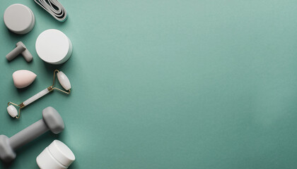 Fitness equipment arranged neatly on a green background for a workout session