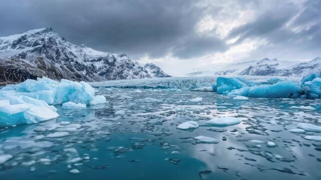 A frozen landscape with a glacier, blue ice chunks floating on calm water, and snow‑covered mountains in the background.